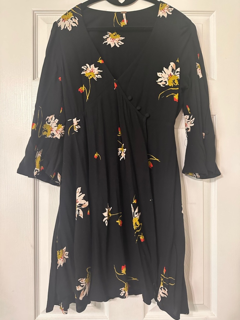 Free people Black Floral Wrap-Style Dress with Button Detail